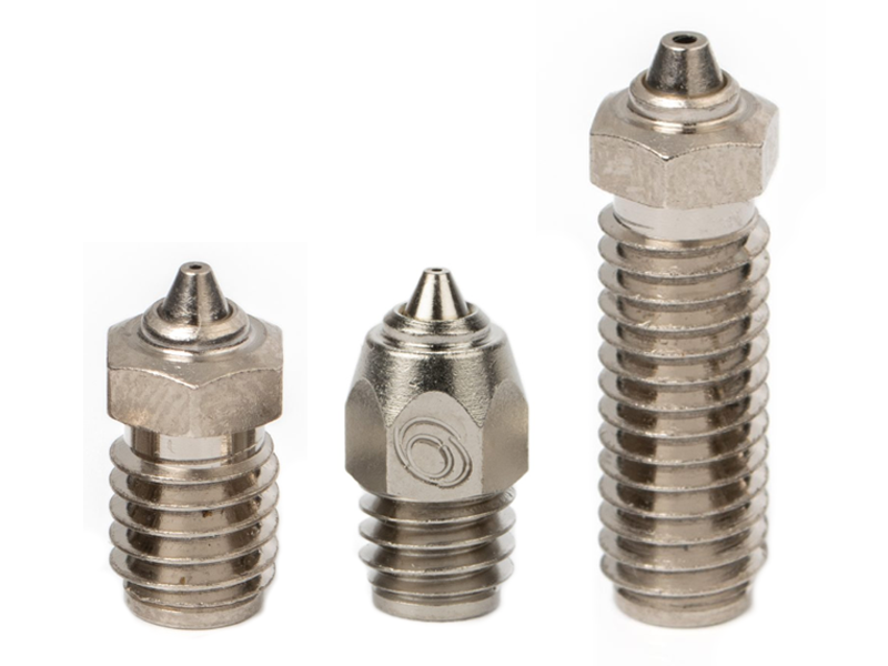 The V6, MK8 and Volcano CHT BiMetal nozzles (left to right)